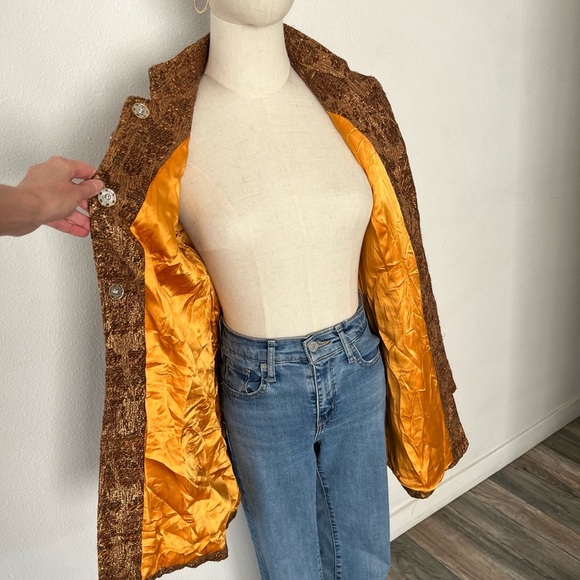 Vintage Festive 100% Silk Lined Gold & Brown Long Blazer Jacket - Picture 3 of 7